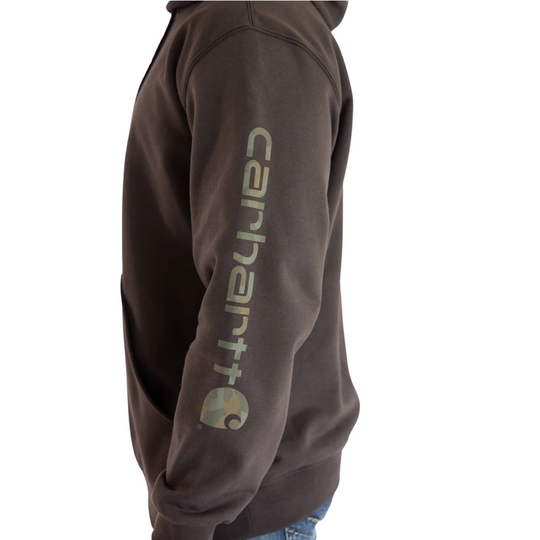 Carhartt Men's Midweight Hooded Logo Sweatshirt - Dark Clove on a male model on a white background.