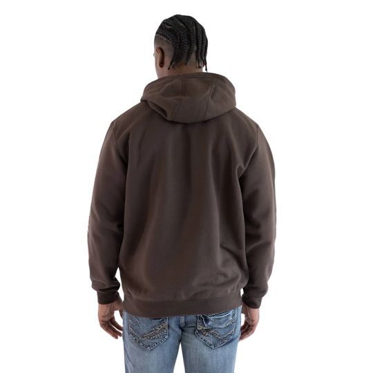 Carhartt Men's Midweight Hooded Logo Sweatshirt - Dark Clove on a male model on a white background.