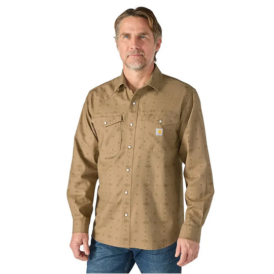 Carhartt Men's Montana Rugged Flex Relaxed Fit Lightweight Long Sleeve Plaid Shirt - Night Fatigue Geo Print on male model on white background.