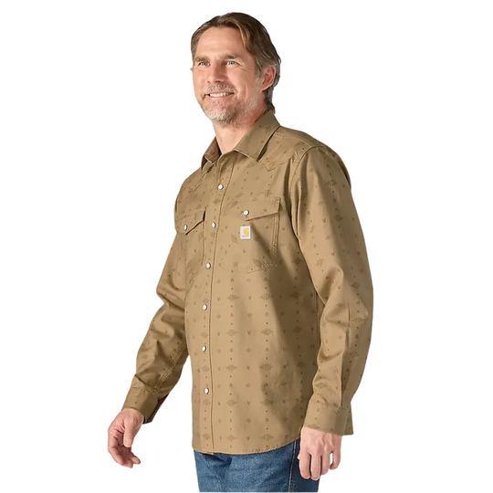 Carhartt Men's Montana Rugged Flex Relaxed Fit Lightweight Long Sleeve Plaid Shirt - Night Fatigue Geo Print on male model on white background.