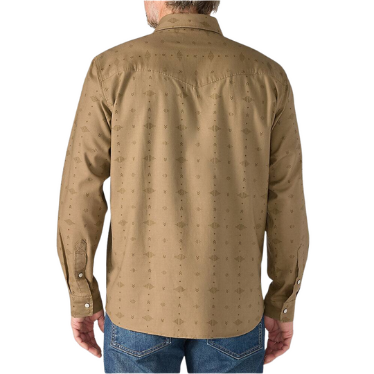 Carhartt Men's Montana Rugged Flex Relaxed Fit Lightweight Long Sleeve Plaid Shirt - Night Fatigue Geo Print on male model on white background.