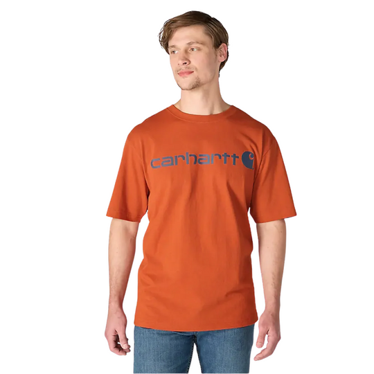 Carhartt Men's Short Sleeve Logo T-Shirt - Homestead Red on a male model on a white background.