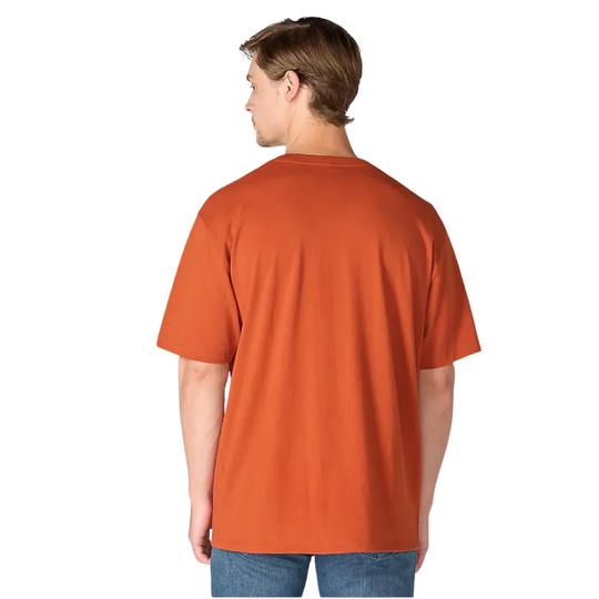 Carhartt Men's Short Sleeve Logo T-Shirt - Homestead Red on a male model on a white background.
