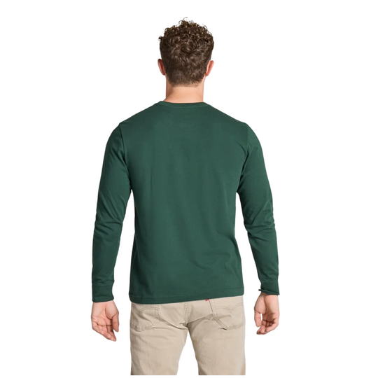 Life Is Good Men's Moose in the Outdoors Landscape Long Sleeve Crusher Tee - Treeline Green on a male model on a white background.