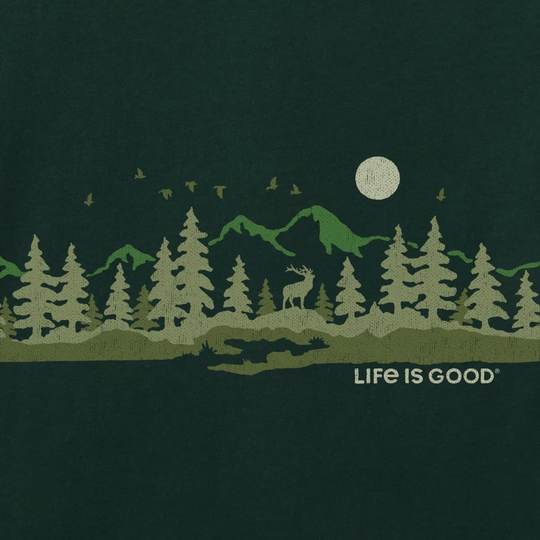 Life Is Good Men's Moose in the Outdoors Landscape Long Sleeve Crusher Tee - Treeline Green. Zoomed in on the design. 