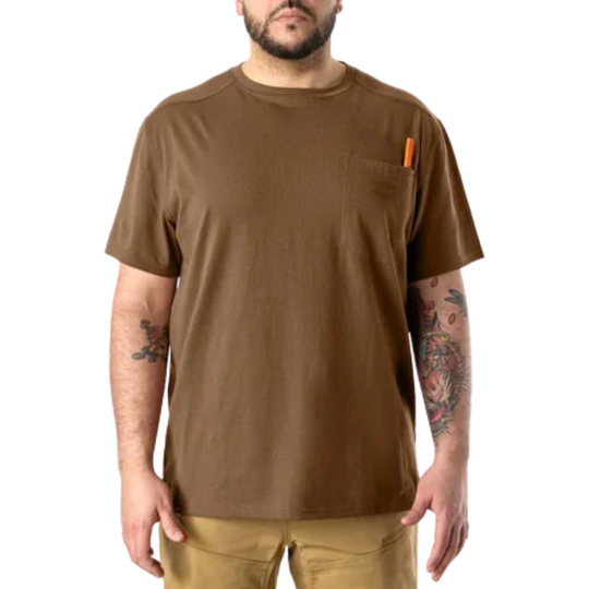 Brunt Men's The Martin Pocket Tee - Mud Brown on a male model on a white background.