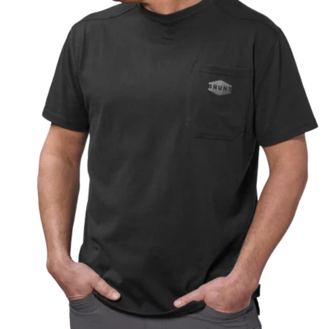 Brunt Men's The Martin Pocket Tee - Black on a male  model on a white background.