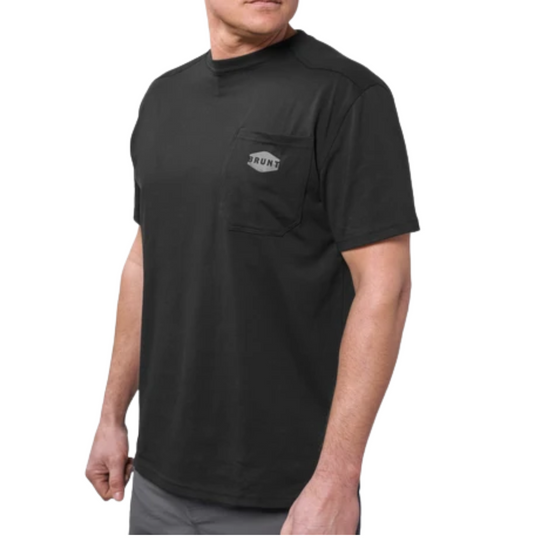 Brunt Men's The Martin Pocket Tee - Black on a male  model on a white background.