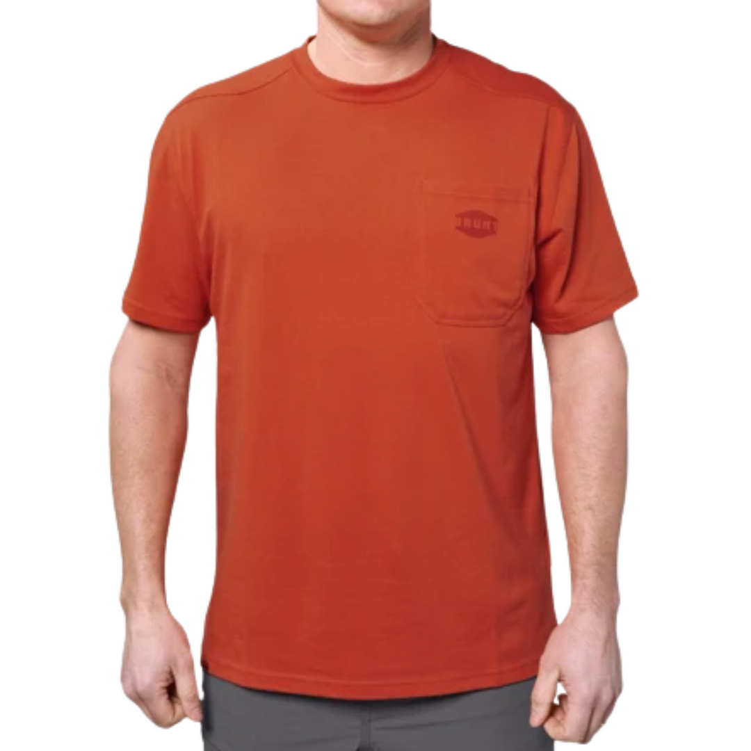 Brunt Men's The Martin Pocket Tee - Brunt Orange on a male model on a white background.