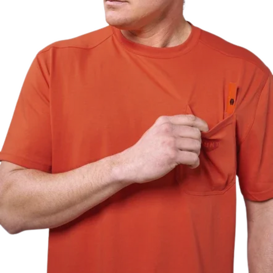 Brunt Men's The Martin Pocket Tee - Brunt Orange on a male model on a white background. Zoomed in on pocket.