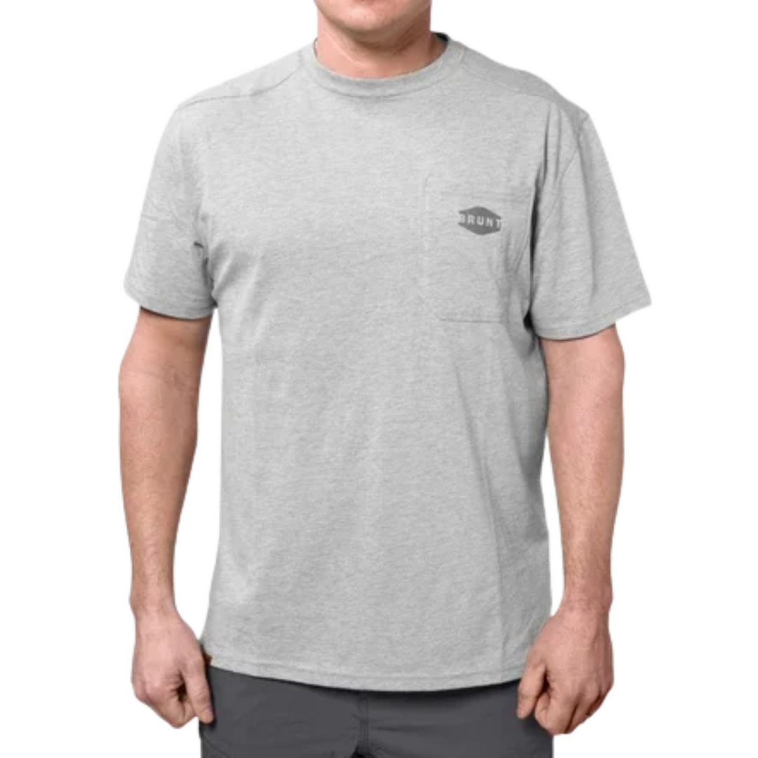 Brunt Men's The Martin Pocket Tee - Light Grey Heather on a male model on a white background.
