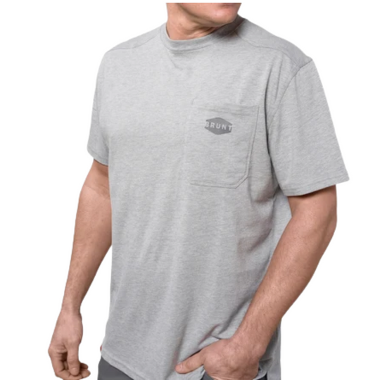 Brunt Men's The Martin Pocket Tee - Light Grey Heather on a male model on a white background.