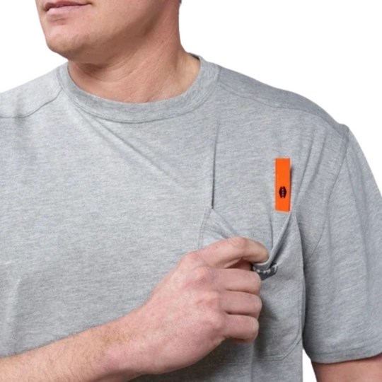 Brunt Men's The Martin Pocket Tee - Light Grey Heather on a male model on a white background. Zoomed in on pocket. 