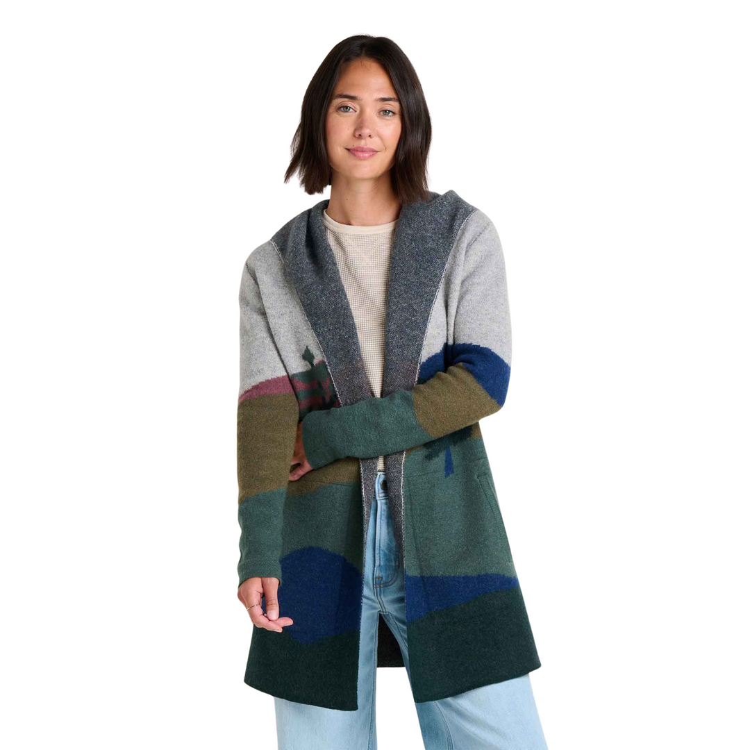 Toad & Co Women's Merino Heartfelt Hoodie - Pelican Pattern on a female model on a white background.