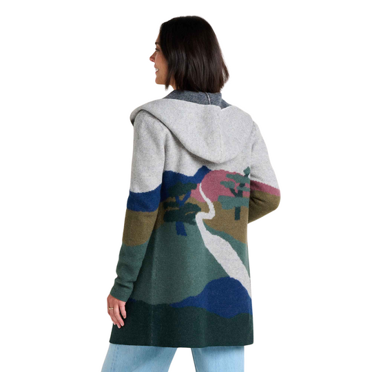 Toad & Co Women's Merino Heartfelt Hoodie - Pelican Pattern on a female model on a white background.