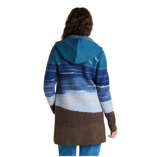 Toad & Co Women's Merino Heartfelt Hoodie - Twilight Pattern on a female model on a white background.