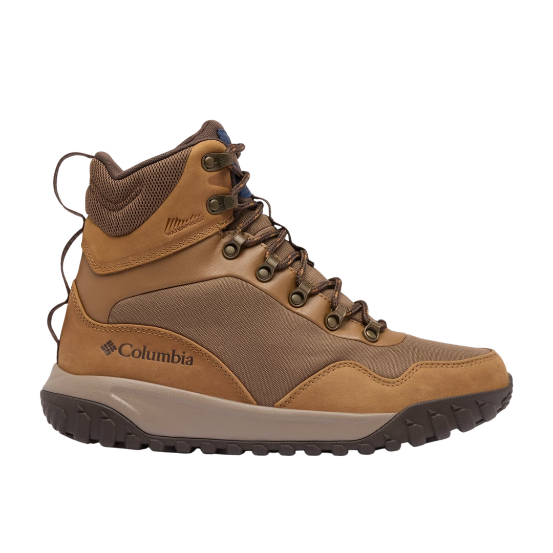 Columbia Men's Burnsider Omni Heat Infinity Winter Boots - Dark Brown/ Dark Mountain on a white background.