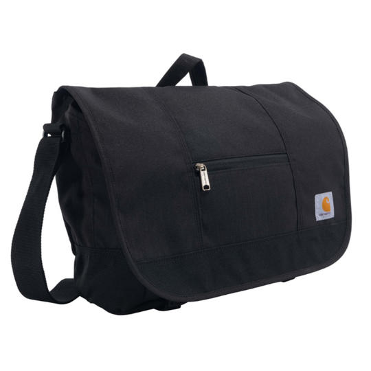 Black duffel bag with a visible brand logo on a white background