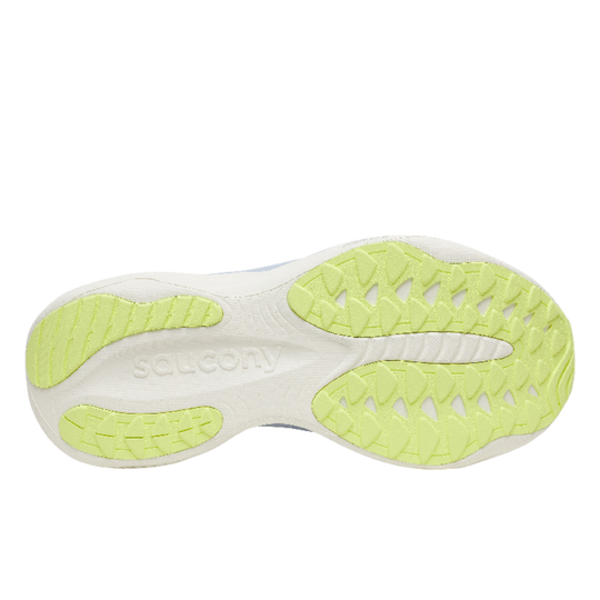 Close-up of a shoe sole with green and white design on a white background