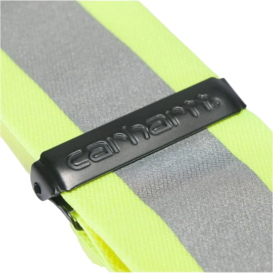 Close-up of a Carhartt branded reflective belt with yellow and gray stripes.