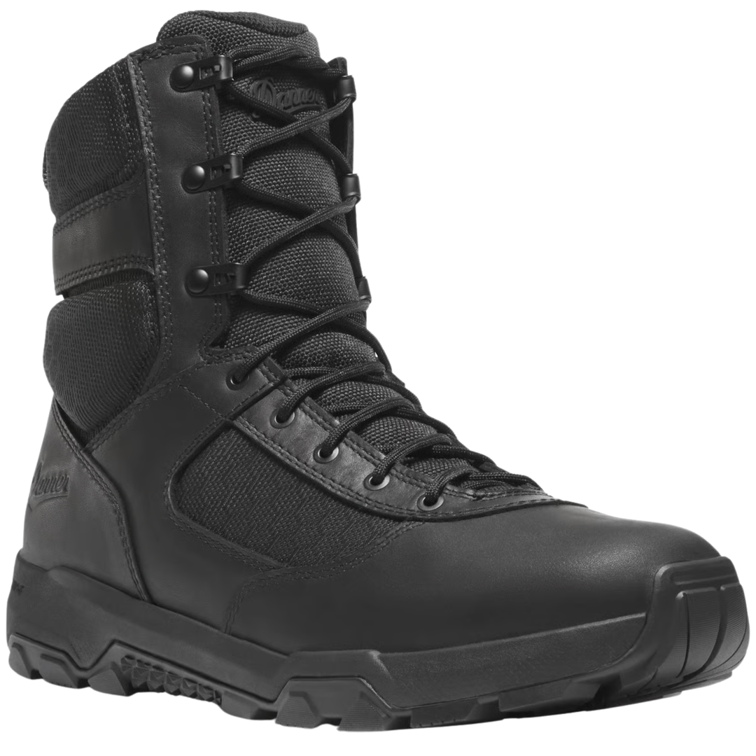 Black lace-up work boot with side zipper, padded collar, and rugged lug sole