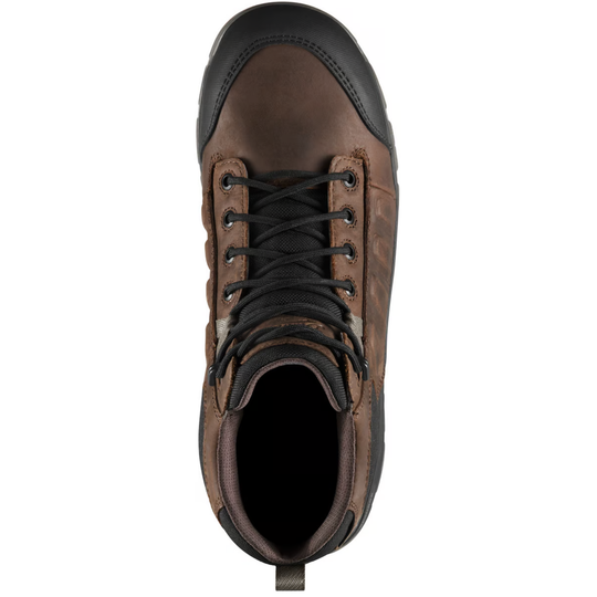 Top view of a brown lace-up work boot with black toe cap and black laces