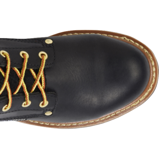Black leather boot with brown sole and gold laces on a white background