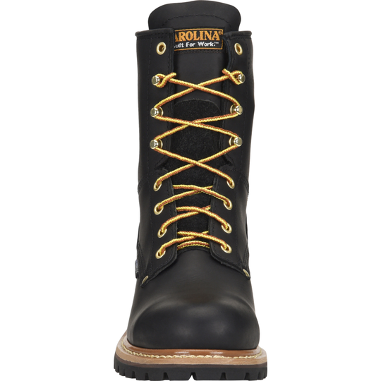 Black Carolina work boot with yellow laces on a white background