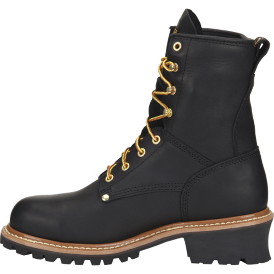 Black leather boot with gold laces on a white background