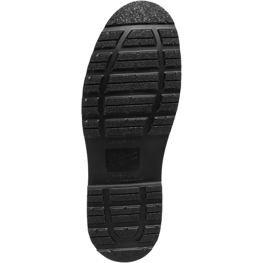 Black work boot outsole with lug tread and Danner logo
