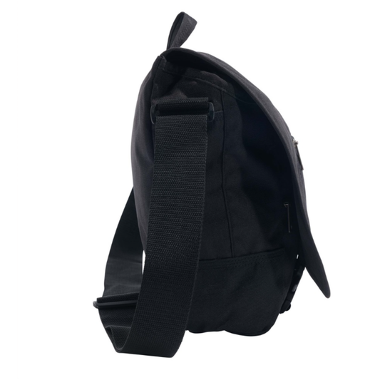 Black backpack with a strap on a white background