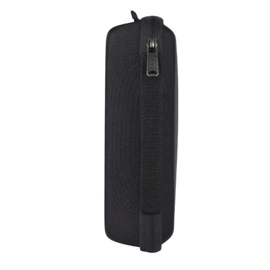 Black cylindrical pouch with a zipper on a white background