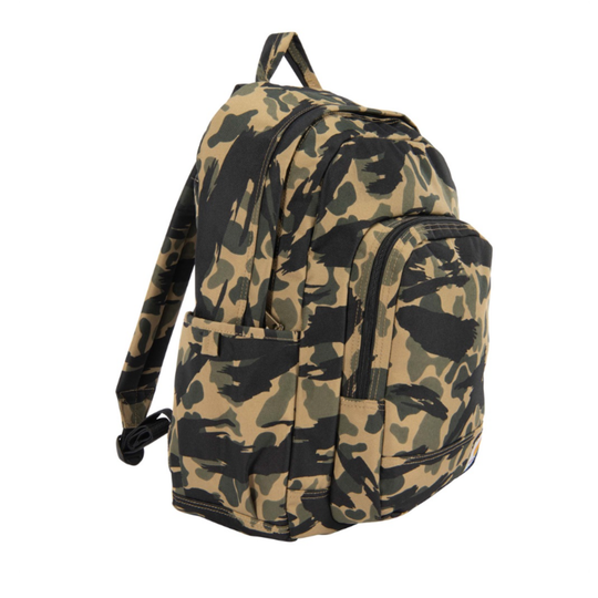 Camouflage-patterned backpack on a white background