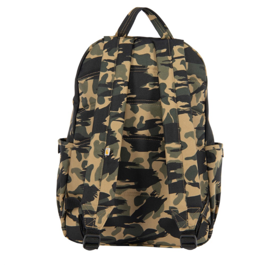 Camouflage-patterned backpack on a white background