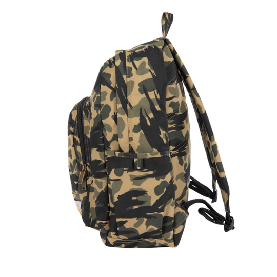 Camouflage-patterned backpack on a white background