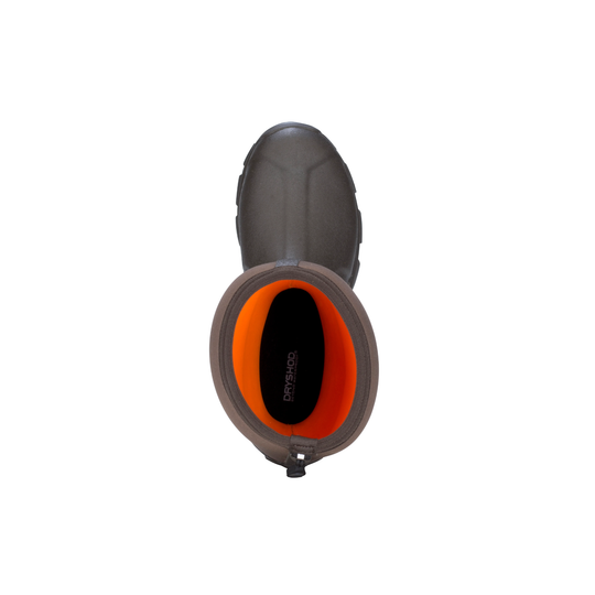 Khaki rubber boot with orange interior on a white background
