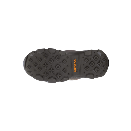 Black boot sole with Dryshod brand logo on white background