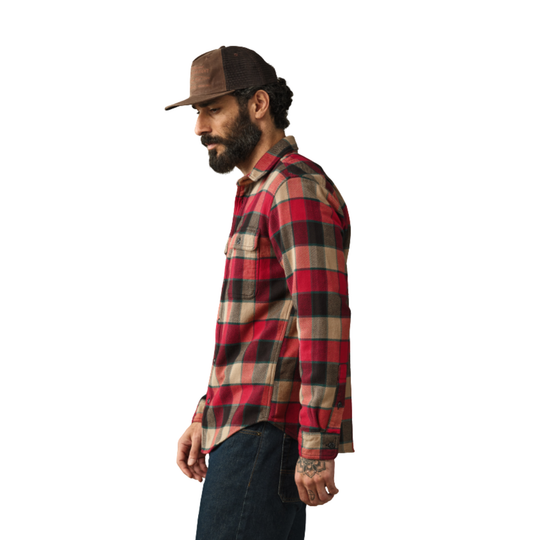 Man wearing a red and beige plaid shirt with a brown hat on a white background
