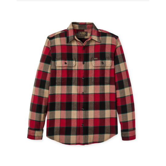 Plaid shirt with red, black, and beige pattern on a white background