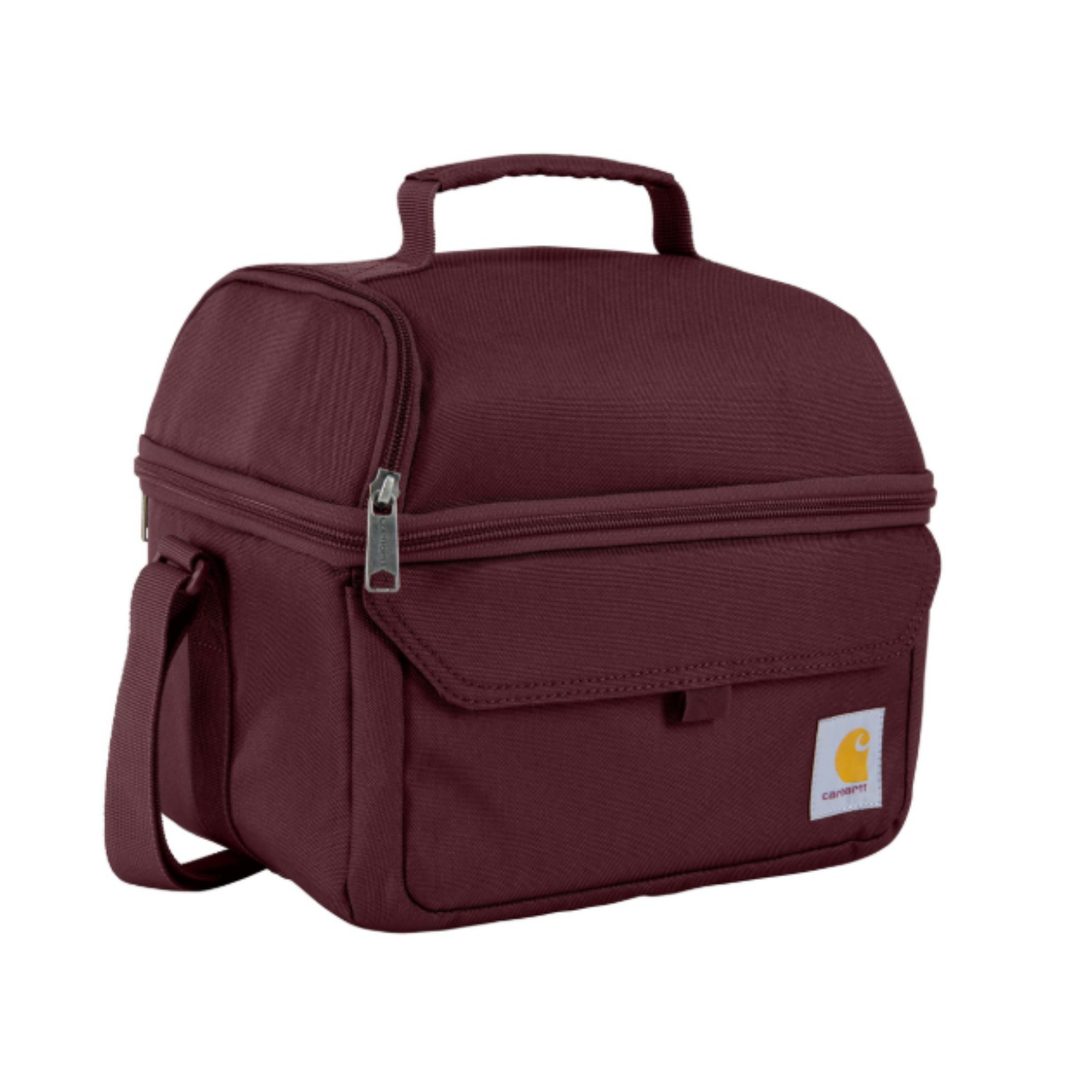 Maroon insulated lunch bag with Carhartt logo on a white background