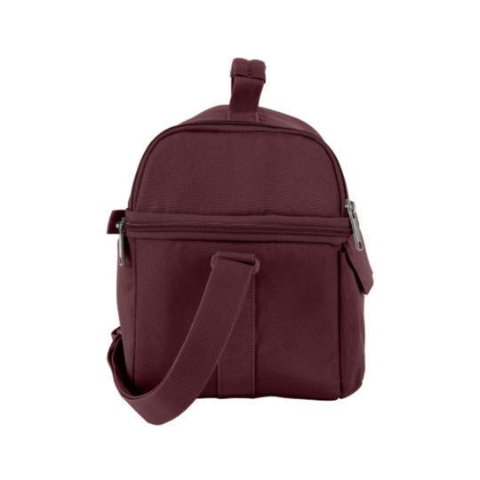Maroon backpack with a shoulder strap on a white background