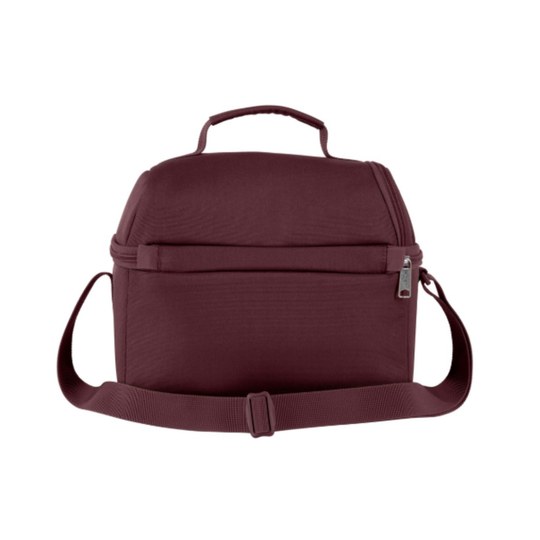 Maroon backpack with a shoulder strap on a white background