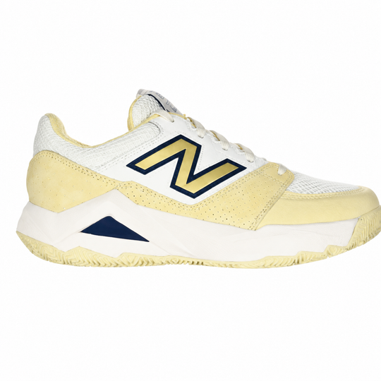 Yellow and white sneaker with a logo on a white background