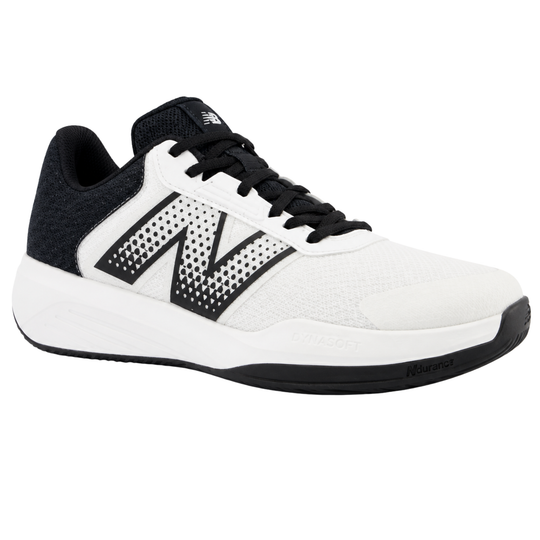 White and black sneaker with New Balance logo on a white background