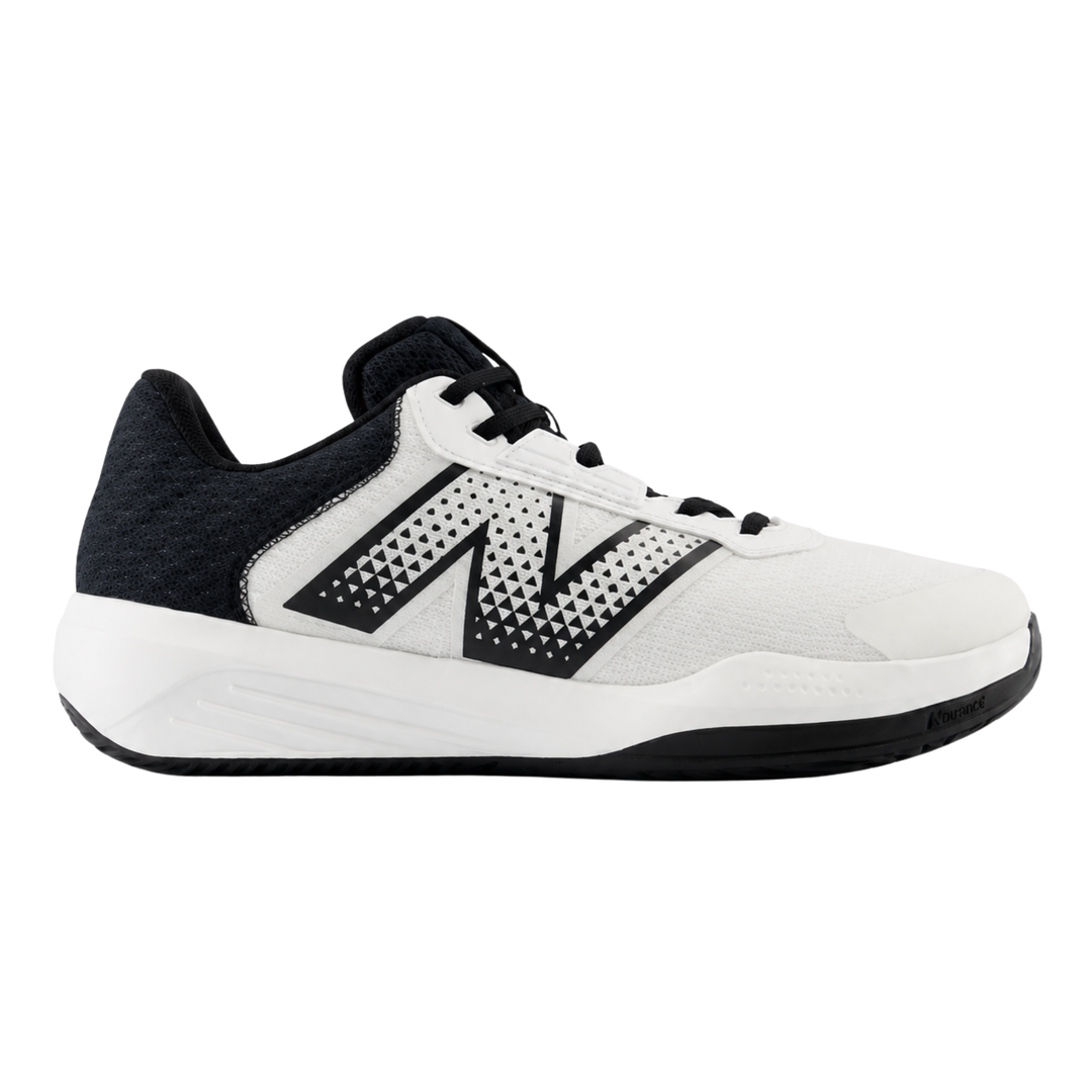 Black and white sneaker with a prominent brand logo on a white background