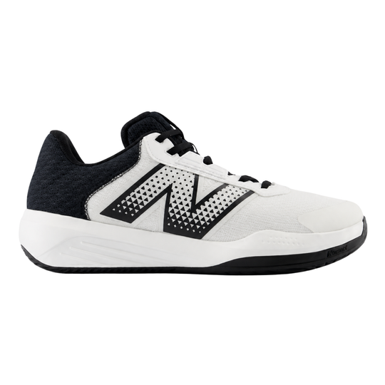 Black and white sneaker with a prominent brand logo on a white background