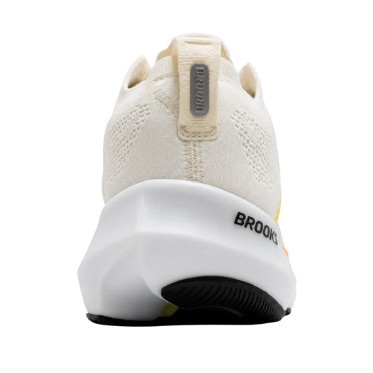 Rear view of white sneaker with Brooks Logo on a white background