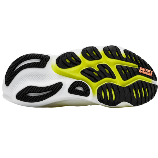 A yellow, white, and black sole with "Brooks Rapidroll" on a white background.