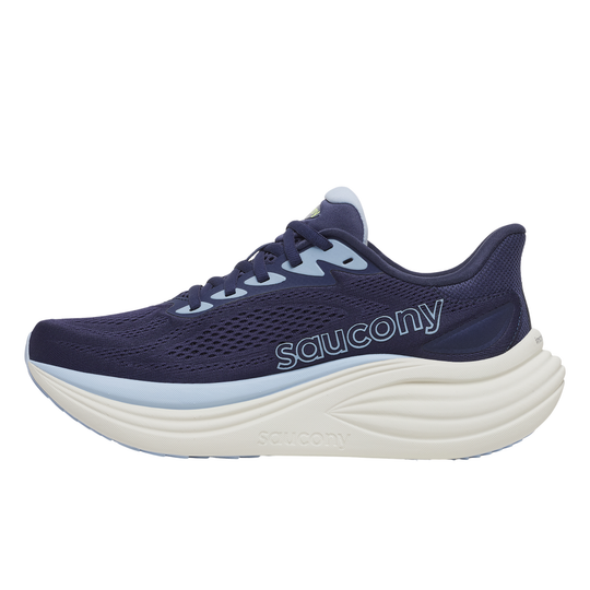 Side view of Blue sneaker and Saucony on the side with a white background