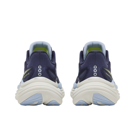 Rear view of two blue sneakers on a white background